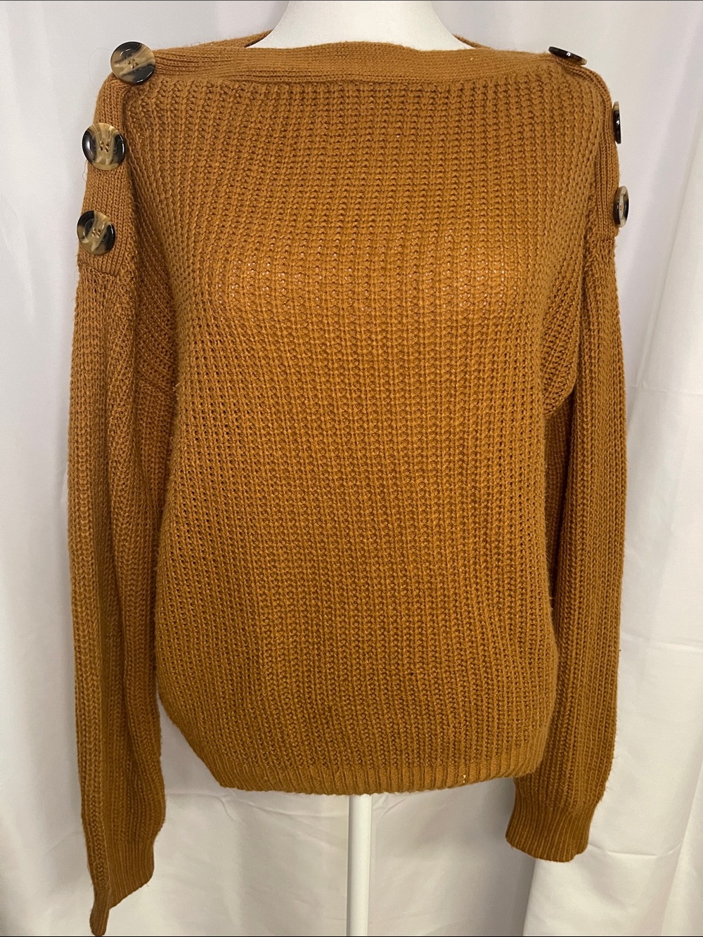 Sweet Wanderer Off-the-Shoulder Button Sweater - Rusty Mustard